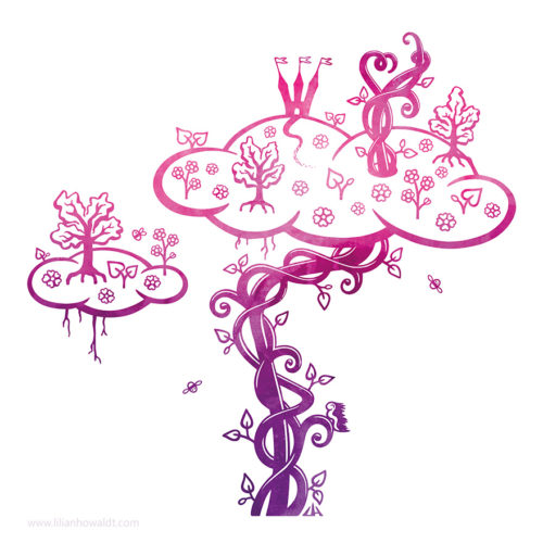 Digital illustration of a beanstalk reaching into the clouds, where trees are growing, flowers are blooming, bees are flying around and a castle is keeping watch over all of it.