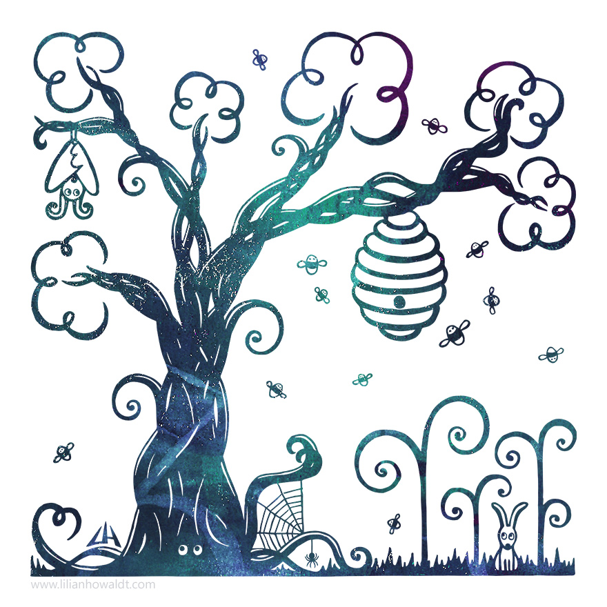 Digital Illustration of a whimsical mysteriously glowing tree surrounded by a bat, a rabbit, loads of bees and a spider.