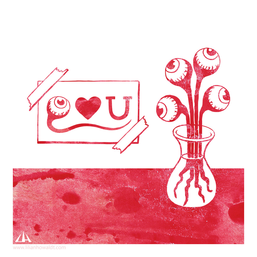 Digital illustration of a bouquet of eyeballs and a card that says Eye love you. Eye as in eyeball.