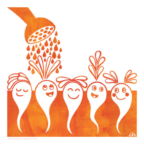 Digital illustration of what possibly could be orange baby root vegetables like radishes or turnips. Whatever they are, they look very happy while being watered from above.