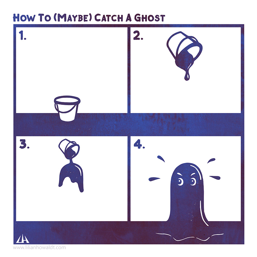 Digital illustration with instructions on how to maybe catch a ghost with the help of a paint bucket. The paint covers the ghost in paint and thereby makes it visible.