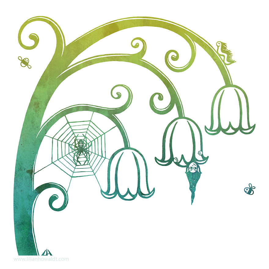 Digital illustration of a lilly of the valley with a fairy hiding within, a spiderweb with a spider, a very happy looking caterpillar and two little bees.