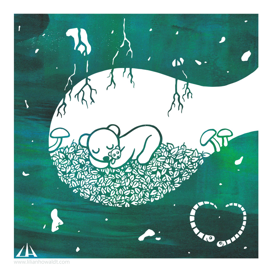 Digital illustration of a little sleeping bear. He's lying on a hill of leaves inside a cave with a teddy bear in his arms.