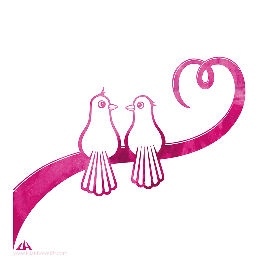 Digital illustration of two birds sitting on a branch shaped like a heart, facing each other and looking like they’re in love.