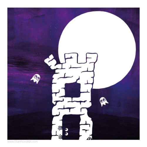 Digital illustration of a tower with a little creature hiding inside. Two little ghosts are circling the tower and the full moon is shining bright in the background.