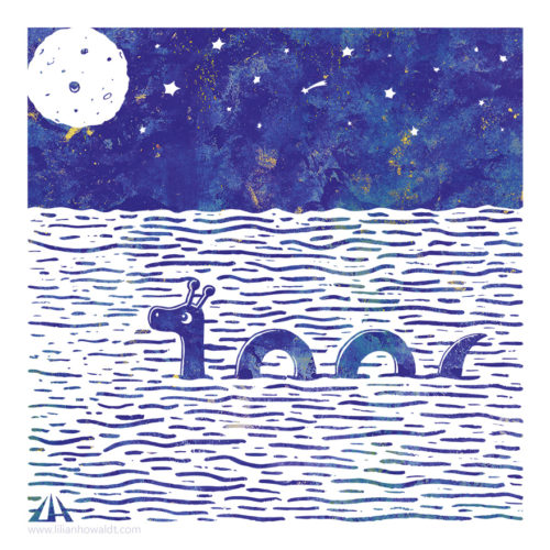 Digital illustration of Nessie the Loch Ness Monster swimming in the light of a full moon with a sky full of stars.
