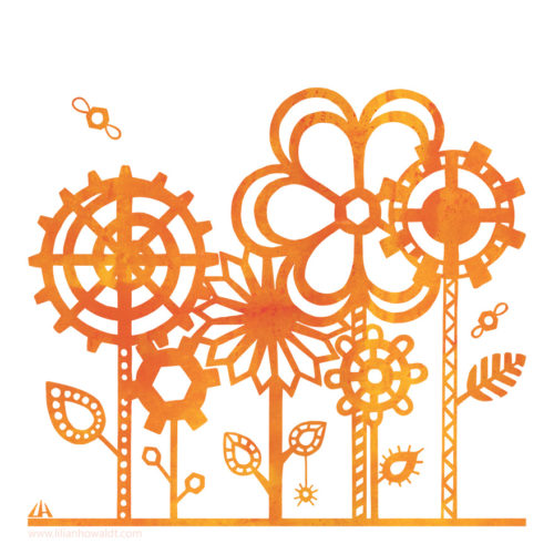 Digital Illustration of bright orange steampunk flowers with little winged nuts flying around.