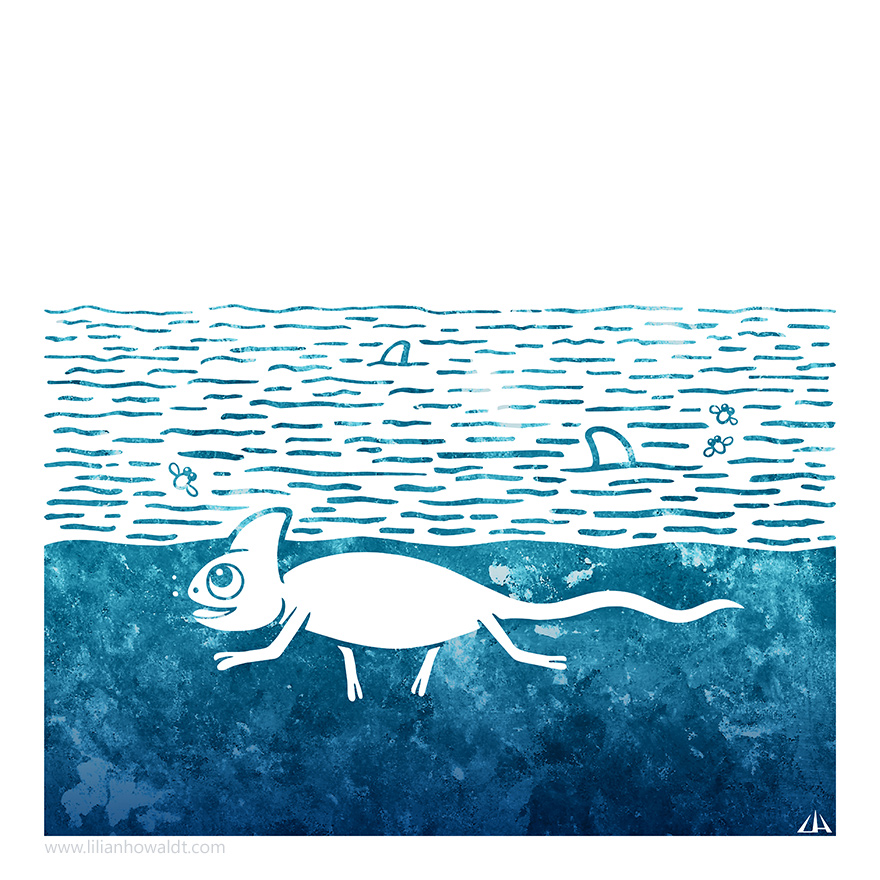 Digital Illustration of a chameleon swimming in the sea, pretending to be a shark.