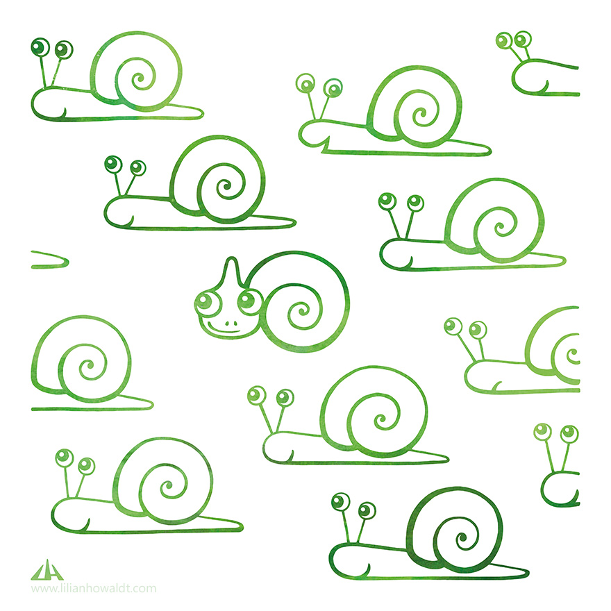 Digital Illustration of a little green chameleon surrounded by snails.
