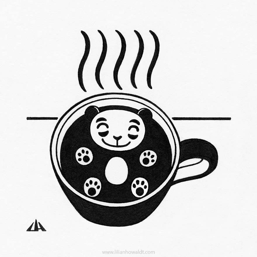 Illustration of a cute and very happy little panda, floating in a cup of coffee.