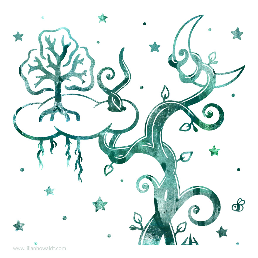 Digital illustration of a beanstalk reaching high up into the sky, piercing a cloud and wrapping itself around the moon.