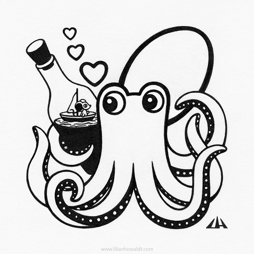 Illustration of an octopus holding a bottle, containing a tiny ship with a cute little mouse on board.