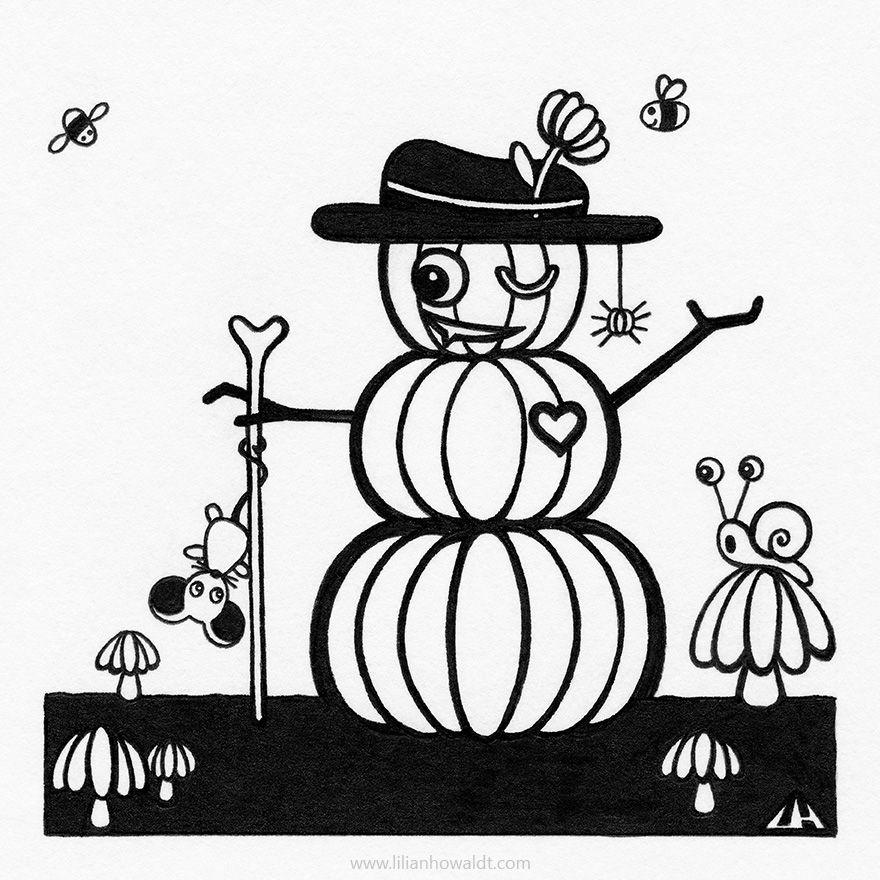 Illustration of a pumpkin man, a pole dancing mouse, an impressed snail, a cute pumpkin spider and two cute bees.