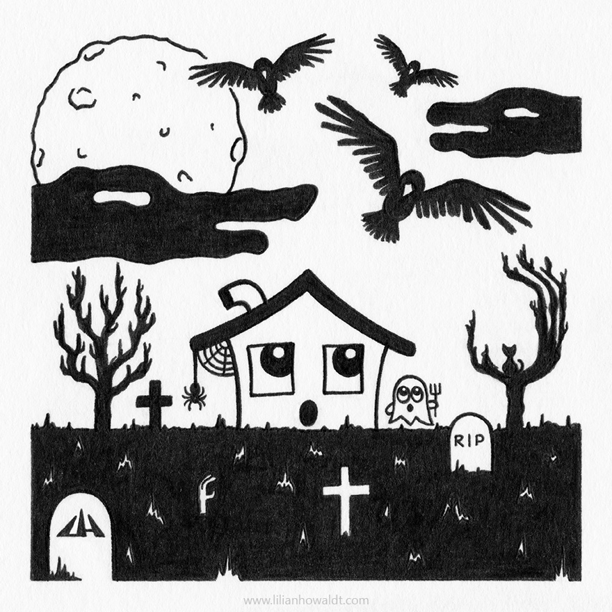 Illustration of a cute little haunted house with cobwebs and a spider, a cute ghost with a pitchfork and a cat sitting in a tree. They are surrounded by a graveyard and huge black birds are approaching from the sky, accompanied by clouds shaped as alligator heads.