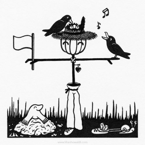 Illustration of a very friendly and happy looking scarecrow wearing a straw hat. The hat holds a nest with three little eggs inside and the crow parents are keeping watch and singing nearby. There is also a cute little mole and a snail using one of the scarecrow’s shoes for transporting snail mail.