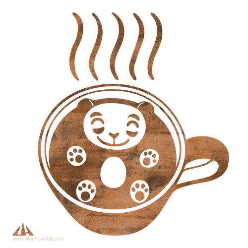 Digital illustration of a very happy panda swimming in a cup of steaming coffee.