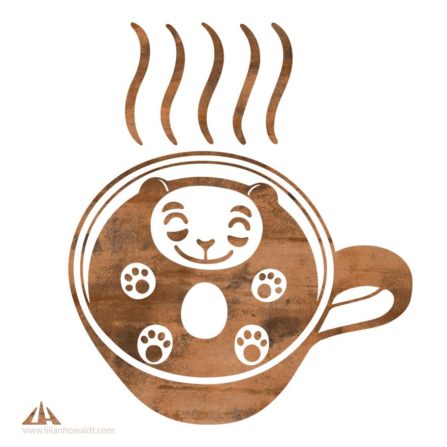 Digital illustration of a very happy panda swimming in a cup of steaming coffee.