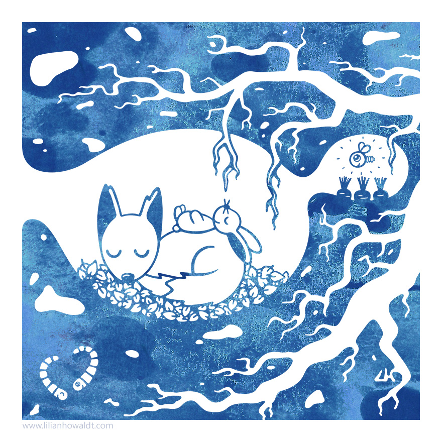 Digital illustration of a fox and a bunny sleeping peacefully within a cave filled with leaves.
