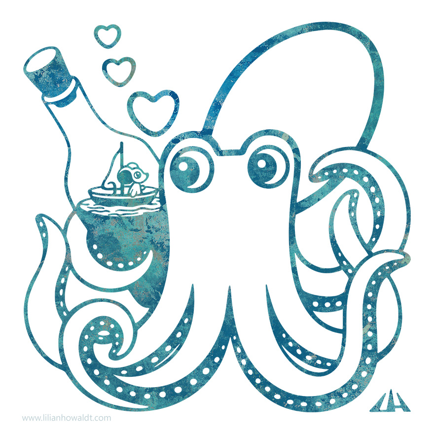 Digital illustration of an octopus holding a bottle with a cute tiny mouse on a boat within.