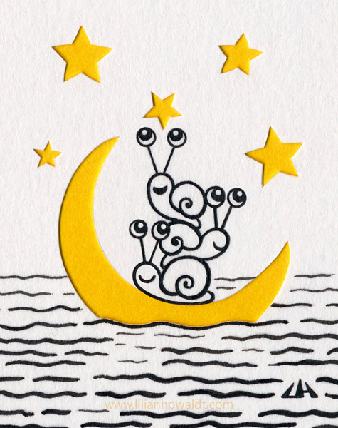 Three cute snails stacked on top of each other on a moon floating in the sea.  Ink drawing with papercut elements.