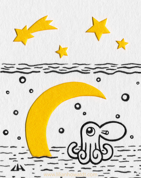 Cute little octopus wondering about an underwater moon.  Ink drawing with papercut elements.