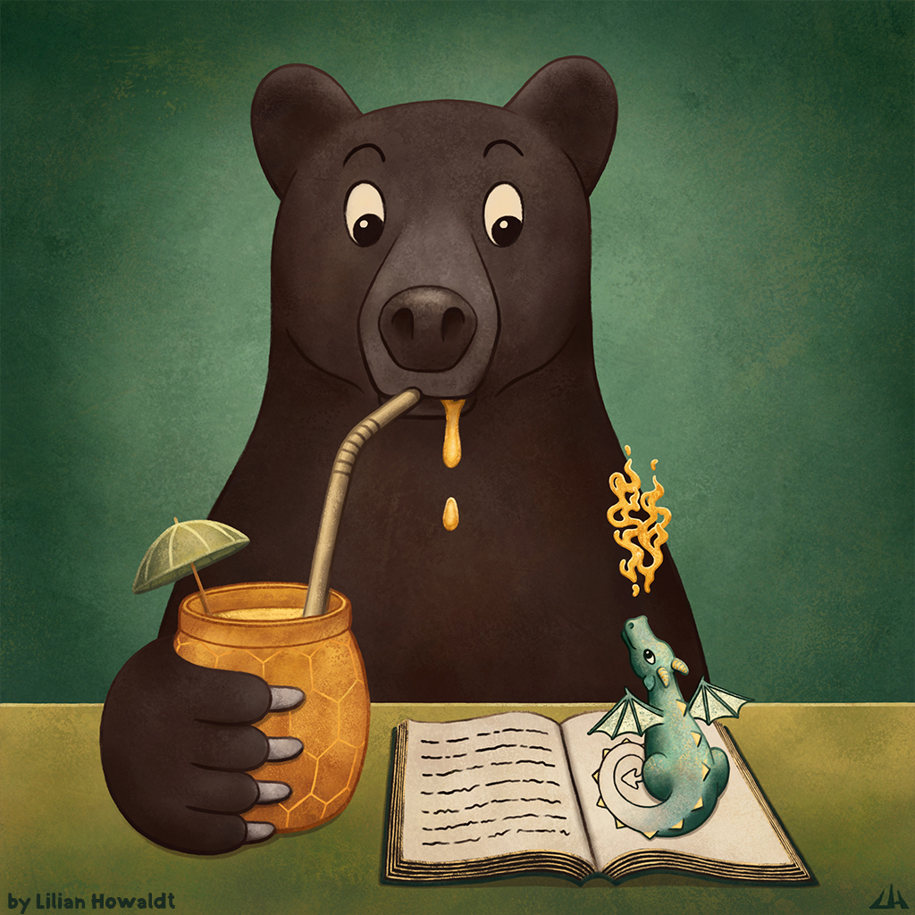 Digital Illustration of a bear with his honey drink, who’s surprised by a cute little dragon crawling out of his book.