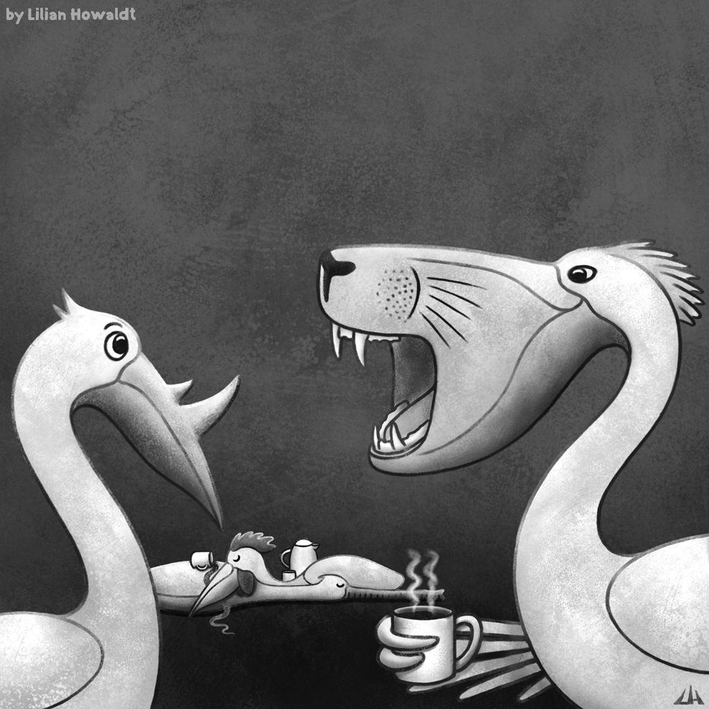 Digital Illustration of pelicans mutated because of caffeine.