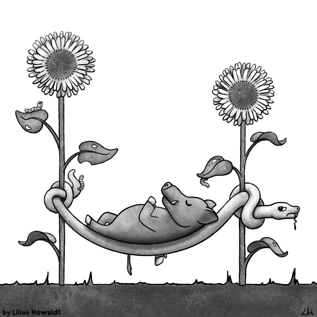 Digital Illustration of a boar using a snake as a hammock tied between two sunflowers.