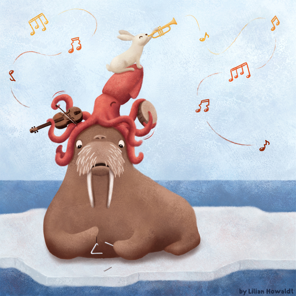 Digital Illustration of a walrus, a squid and a rabbit playing instruments.