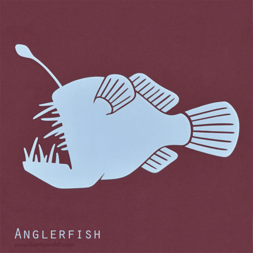 A colourful, abstract and minimalist papercut of an anglerfish.