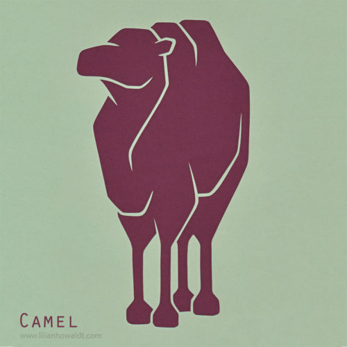 A colourful, abstract and minimalist papercut of a camel.