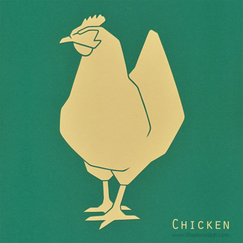 A colourful, abstract and minimalist papercut of a chicken.