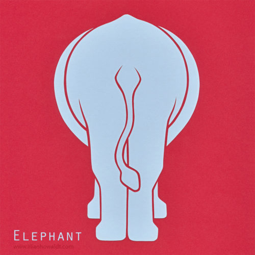 A colourful, abstract and minimalist papercut of an elephant.